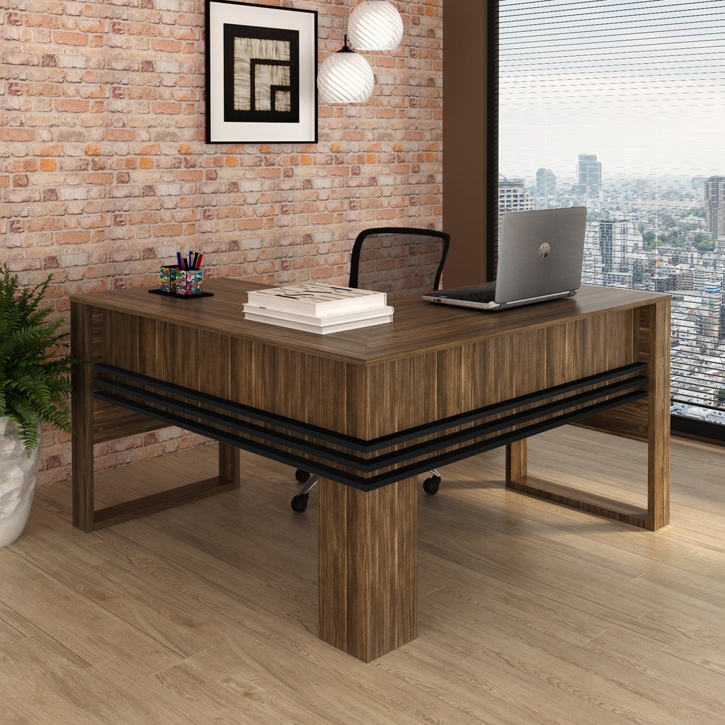 Escrivaninha Mesa Escritório 136cm em L com Detalhe Ripado ME4145 Nogal/Preto