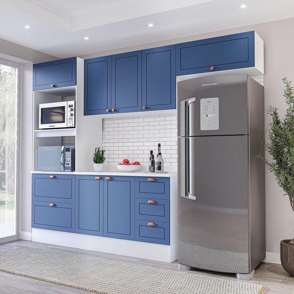 Cozinha Pérola 4 Peças Torre Quente Aéreo 3 Portas e Balcão 2 Gavetas 3 Portas com Tampo Yescasa Branco/Azul em Oferta na Shopee