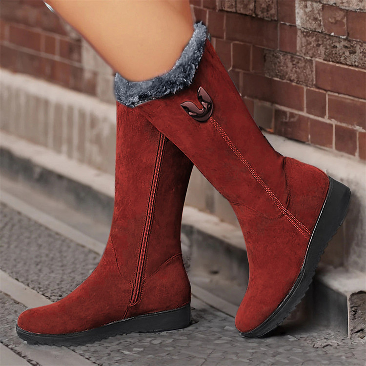 Botas Femininas Bico Redondo Camurça Cano Médio Planas Antiderrapantes Forradas com Fleece Botas de Neve Tamanho 35-42