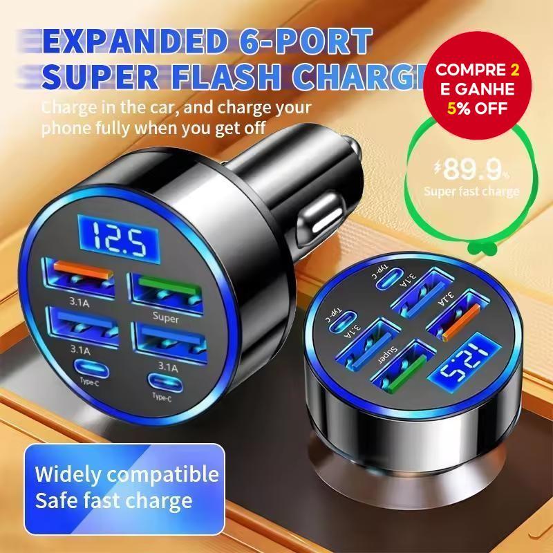  Carregador de carro com 6 portas rápido carregamento PD QC3.0 USB-C carregador de telefon...