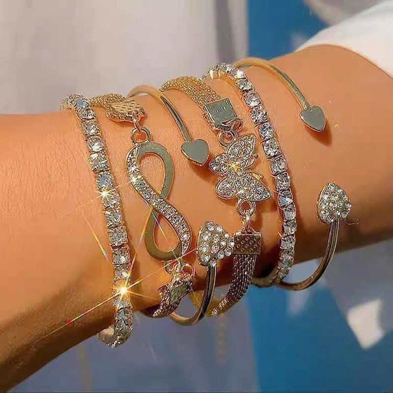 Conjunto de 6 peças de pulseiras abertas de borboleta em formato de coração retrô joias femininas da moda