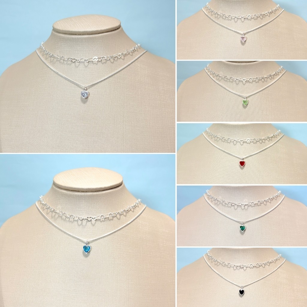 Kit 2 elegantes colares em formato de coração para mulheres com pingentes de zircônias coloridas, banhados a prata 925 em Oferta na Shopee