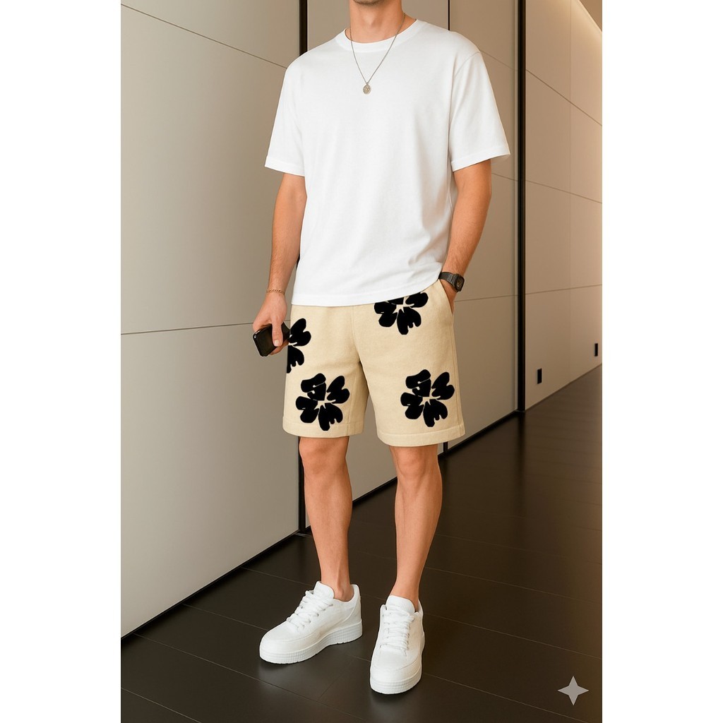 Conjunto Camiseta Lisa e Bermuda Flores 2 Peças Casual Algodão Premium Lançamento Exclusivo de Verão