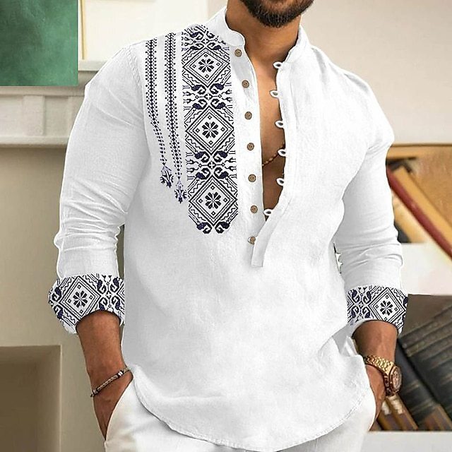 2025 Moda masculina estampada manga comprida gola alta pulôver moderno camisa Casual masculina 7.1
