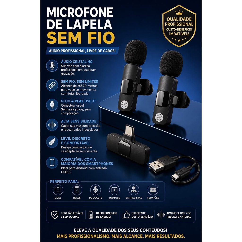 Kit 2 Microfones de Lapela Recarregaveis Sem Fio USB-C | Áudio Profissional | Plug & Play