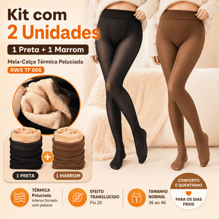 Kit com 2 Meias-Calças Térmicas Peluciadas Femininas Translúcidas Forradas Quentinhas Inverno Preta