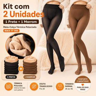 Kit com 2 Meias-Calças Térmicas Peluciadas Femininas Translúcidas Forradas Quentinhas Inverno Preta