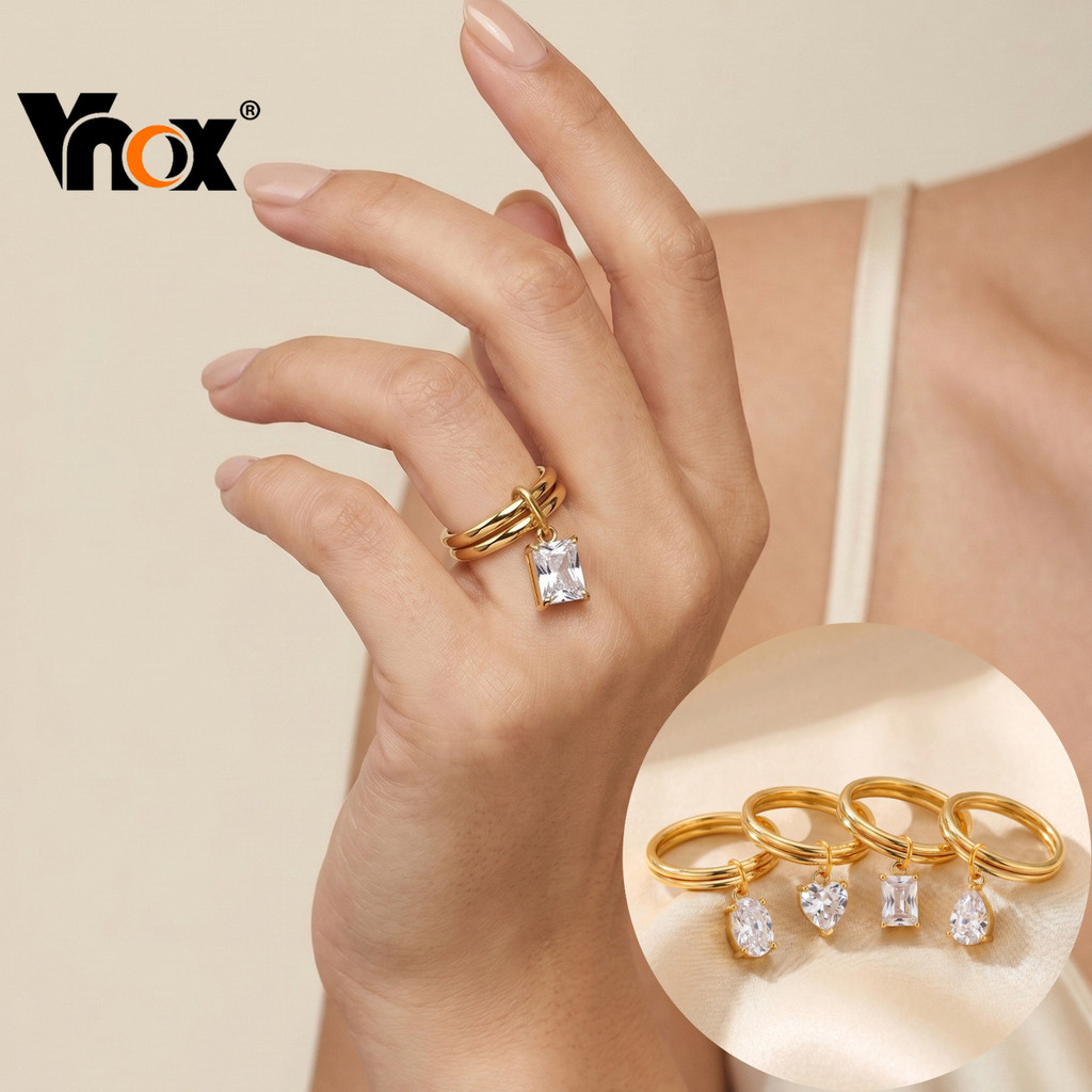 Vnox Ouro Aço Inoxidável Interligado Anel Duplo Branco Zircão Pingente Feminino, Anti-Desbotamento Sweatproof Tamanho 7