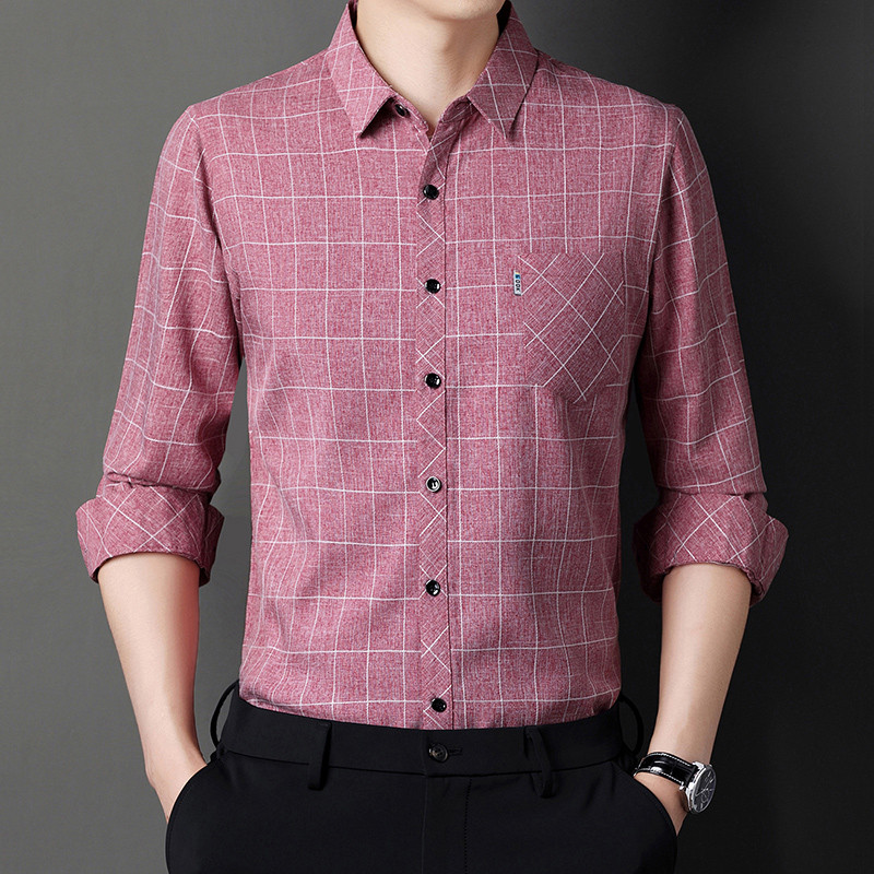 Camisa masculina de manga comprida 2023 outono novo estilo xadrez Anti-rugas All-Match jaqueta de algodão humano versão 