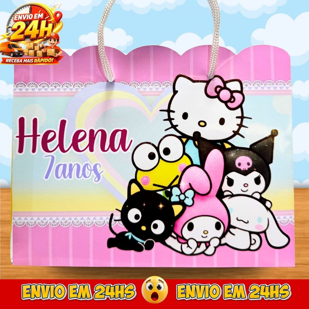 Sacolinhas Hello Kitty e sua turma Personalizadas - Lembrancinhas kuromi My Melody Cinnamoroll  Premium com Nome e Idade