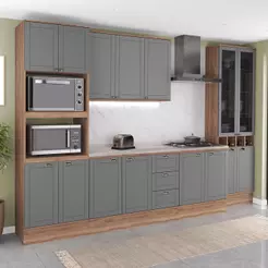 Armário de Cozinha Completa com Balcão Milla Gold Carraro Nogal com Cinza Titânio