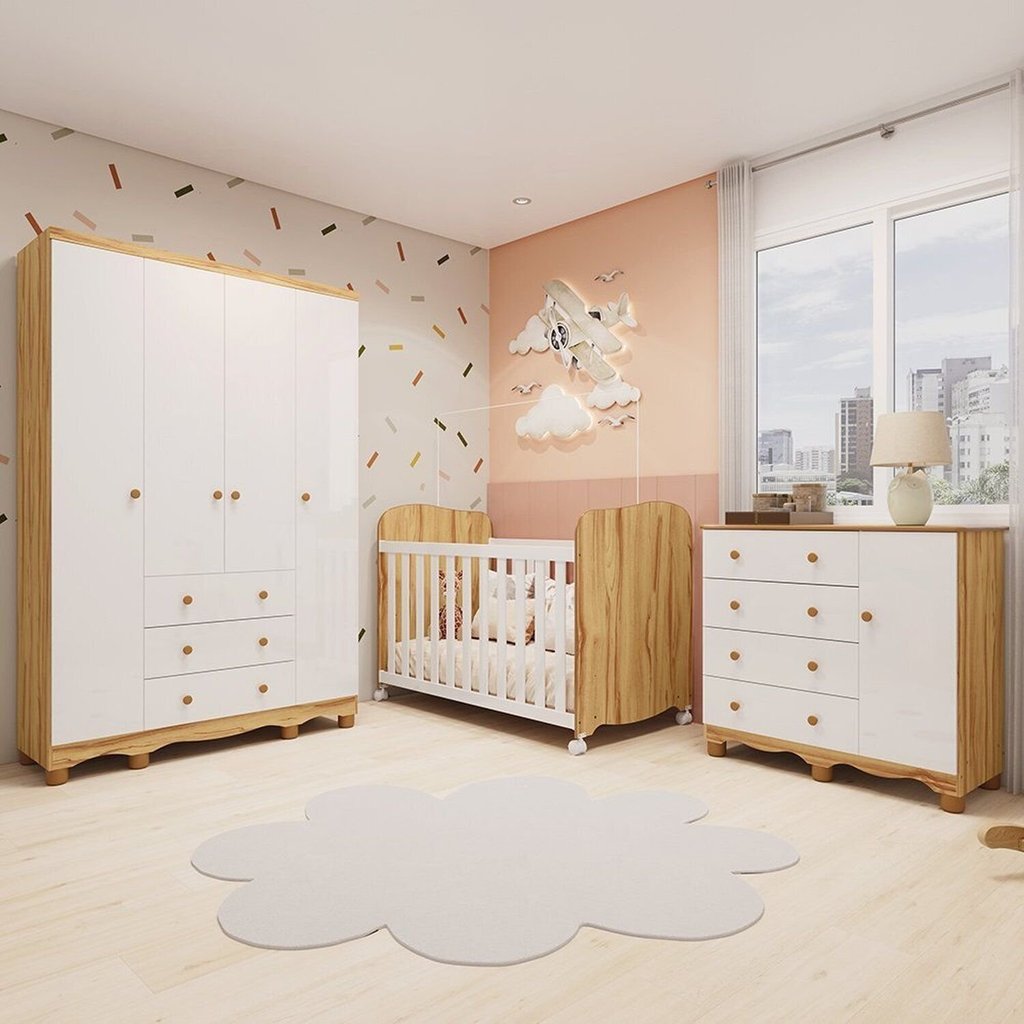 Quarto de Bebê Guarda-Roupa 4 Portas Cômoda e Berço MDF Mimo Espresso Móveis Branco Brilho/Amêndoa Branco
