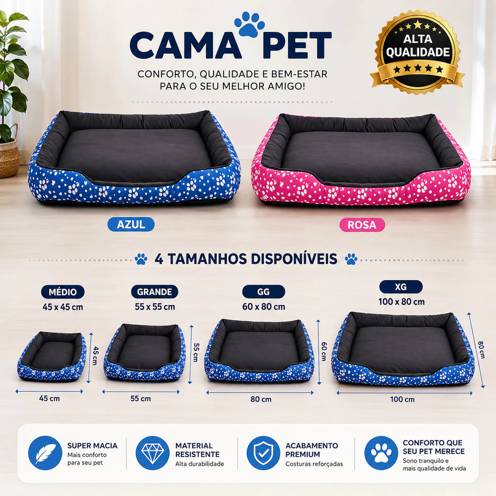 Cama Pet Cachorro Gato Super Macia Confortável Resistente 4 Tamanhos Médio Grande GG XG Azul Rosa