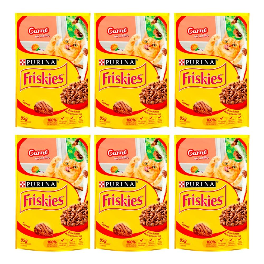 Kit 6 Ração Úmida para Gatos Friskies Adultos Sabor Carne ao Molho em Sachê 85g
