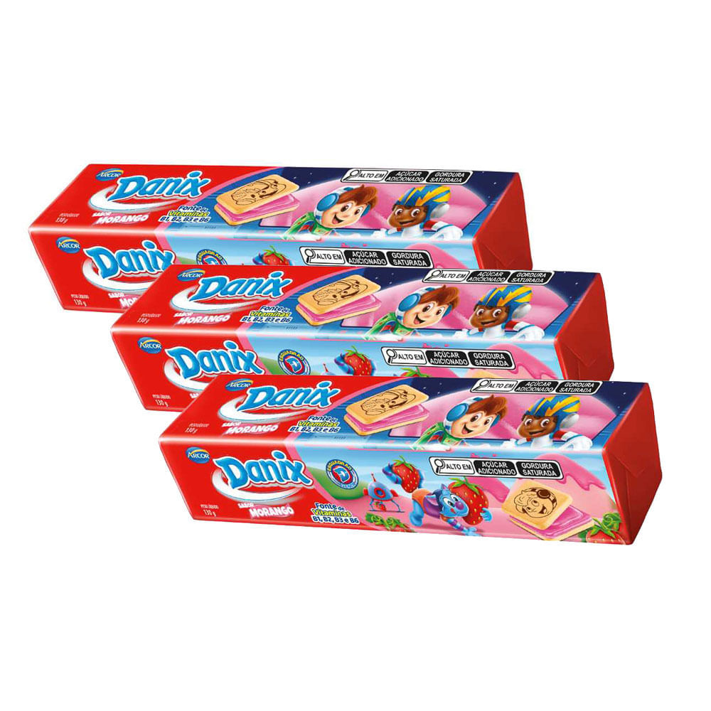 Kit 3 Biscoito Recheado Danix Sabor Morango com 130g
