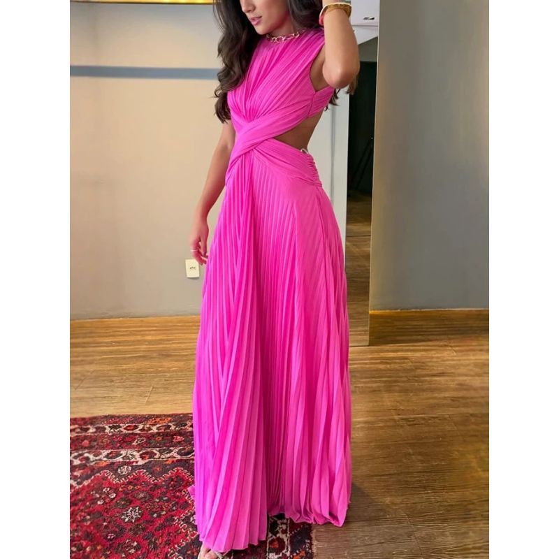 Vestido longo Sexy europeu americano de cor sólida, sem mangas, gola redonda, plissado cruzado, Design Halter, ajuste ju