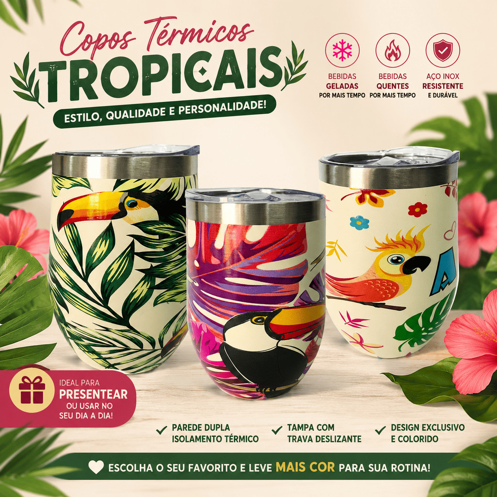 Copo Térmico 360ml Cuia com Tampa Inox Fauna e Flora