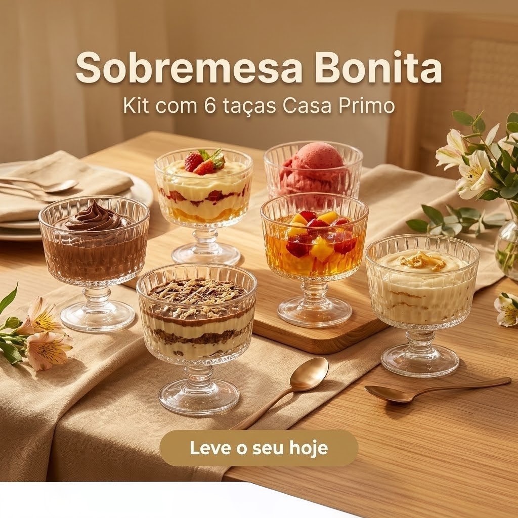 Jogo Conjunto 6 Taças Para Sobremesa Sorvete Mousse 190ml Cristal Ecológico Transparente Casa Primo
