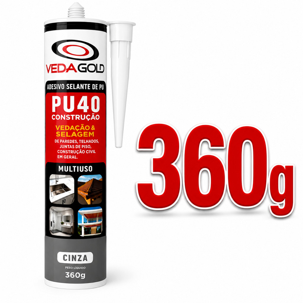 PU40 Selante Adesivo Poliuretano 360g Cinza Veda Calha Telhado Construção Multiuso Alta Resistência