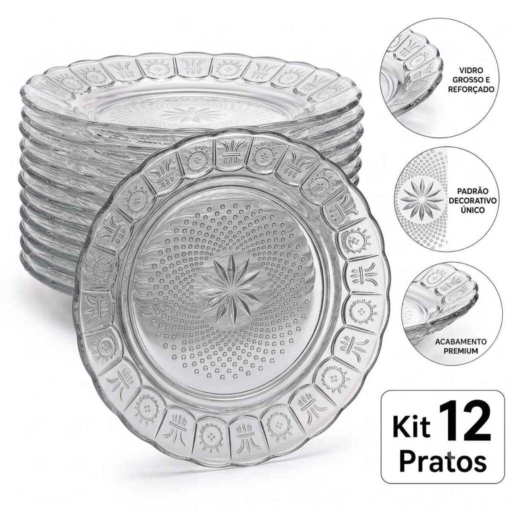 Jogo De 12 Pratos Fundos Egípcio Estrela Vidro Grande 23,5cm
