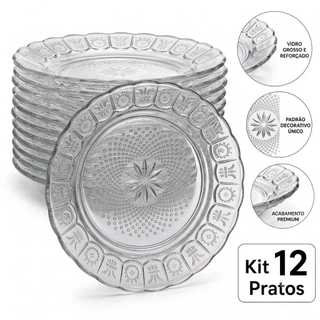 Jogo De 12 Pratos Fundos Egípcio Estrela Vidro Grande 23,5cm