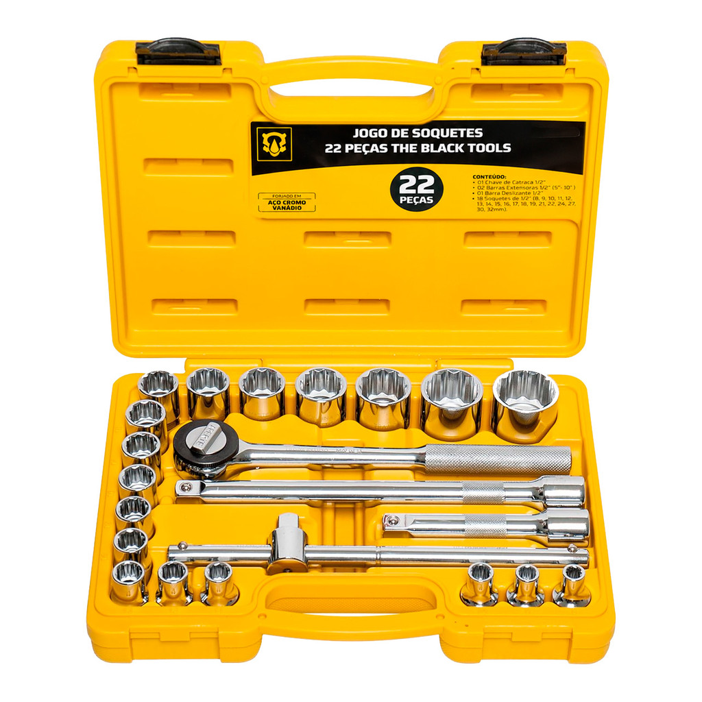 Jogo De Soquetes Sextavados Encaixe 1/2'' 22 Pçs C/ Chave Catraca Maleta Completo