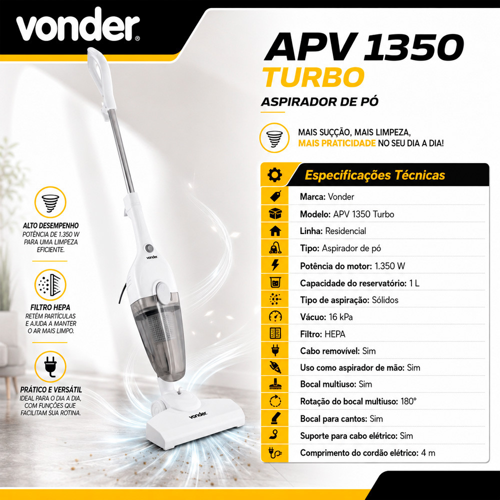 Aspirador de Pó Vonder APV 1350 Turbo 1350W Filtro Hepa Reservatório 1L Bocal Multiuso 180° · foto 2