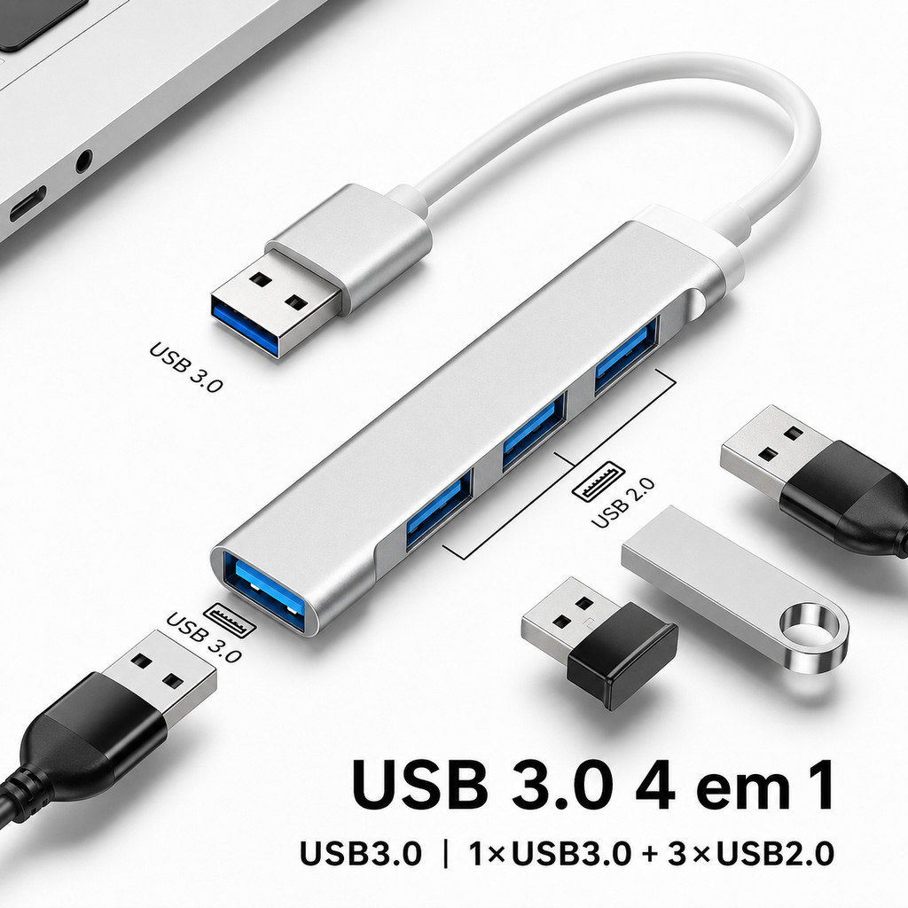 Hub USB 3.0 com 4 Portas 1 USB 3.0 e 3 USB 2.0 para Notebook Computador e Acessórios