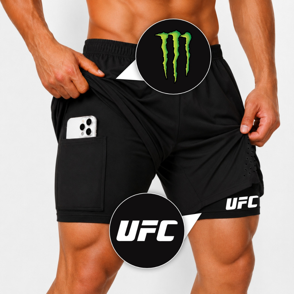 Bermuda Short Compressão Elastano  2 em 1 a Laser MNST UFC  Masculino Academia Treino Fitness Maromba Corrida