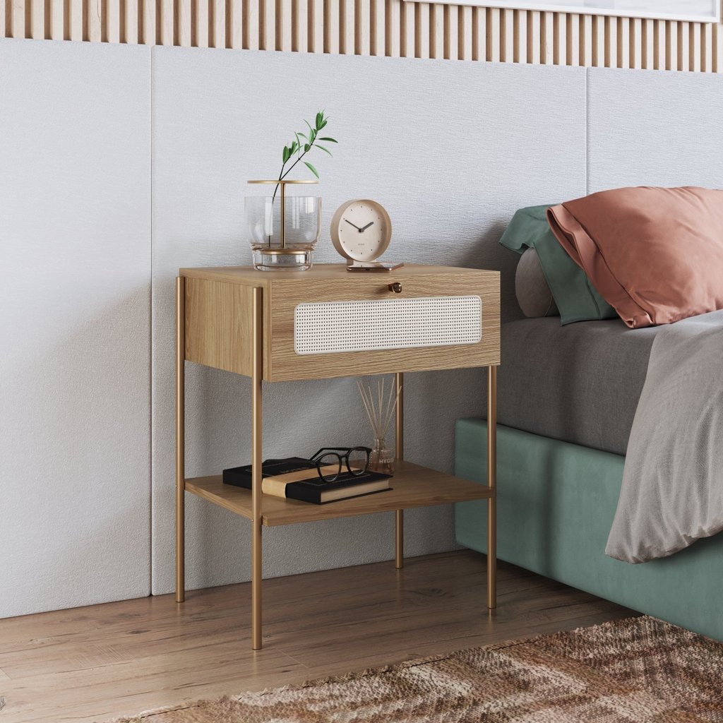 Mesa de Cabeceira 1 Gaveta Palhinha Pé Metal Dourado Oslo Marrom Hanover Telado/Dourado