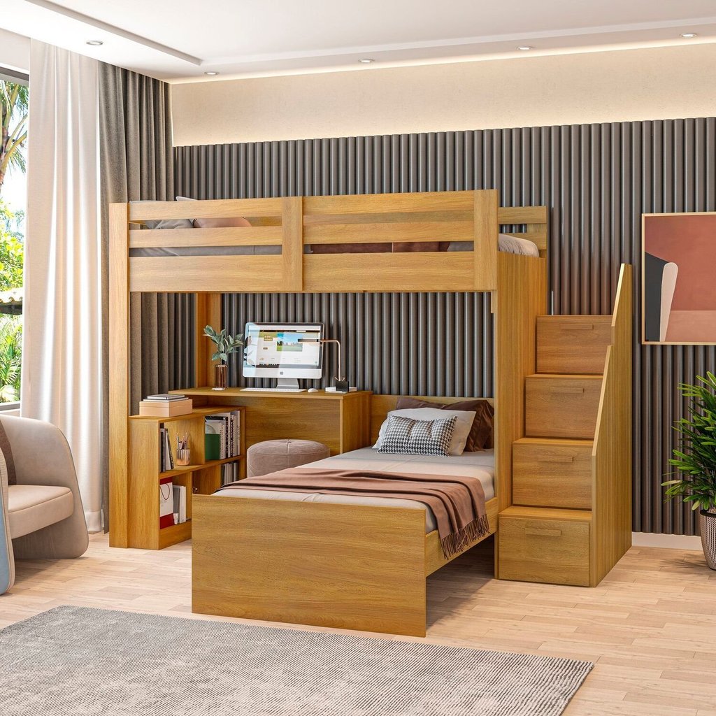 Beliche Multifuncional Solteiro Adulto com Escrivaninha Star Office Casatema MadeiraOriginals Marrom Freijó