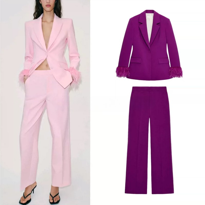 Blazer com punho de penas7844934 2529593 2654593 Calça Perna Reta2654593 2530593 Conjunto de conjunto de conjunto