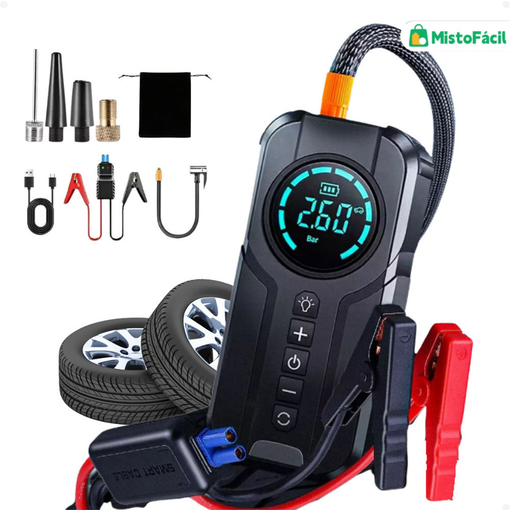 Compressor de Ar Portátil Recarregável com Tela LED – Inflador Automático com , Luz de Emergência e Acessórios