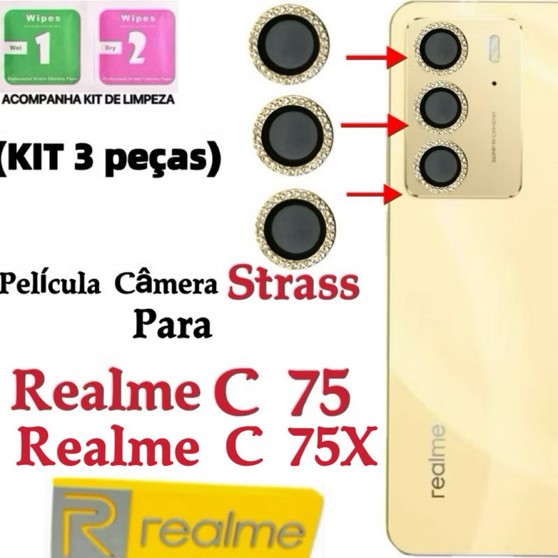 Kit (*3Pçs) Película Câmera Diamante Para Realme C75/Realme C75X protetor lente Traseira Vidro Colorido