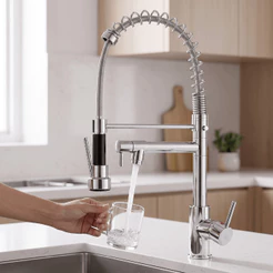Torneira Gourmet Para Bancada Cozinha Monocomando Com Spray Extensor Prata Flexível Misturador Bica Móvel Cromada 360°