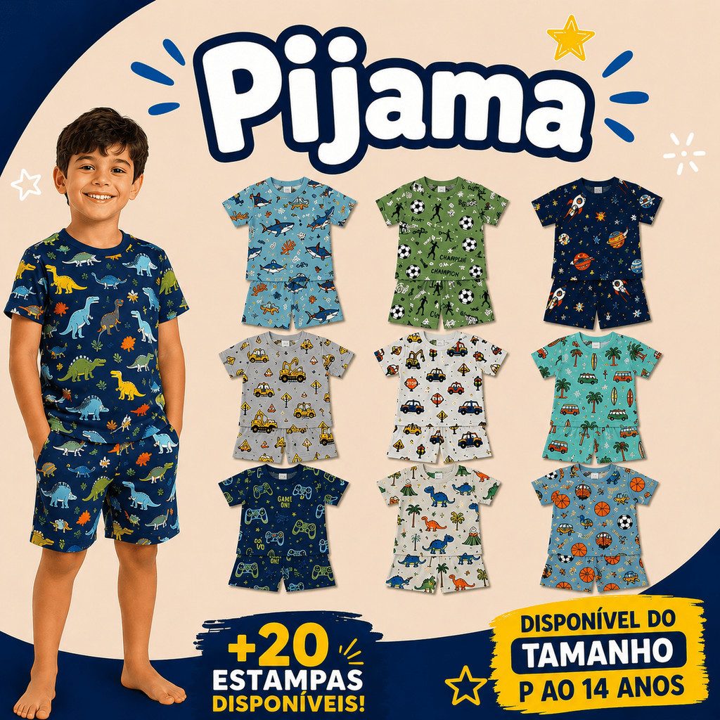 Pijama Curto Bebê Infantil Criança Menino Manga Curta Verão Calor Roupa de Dormir 2 Peças Estampas Sortidas – P ao 14