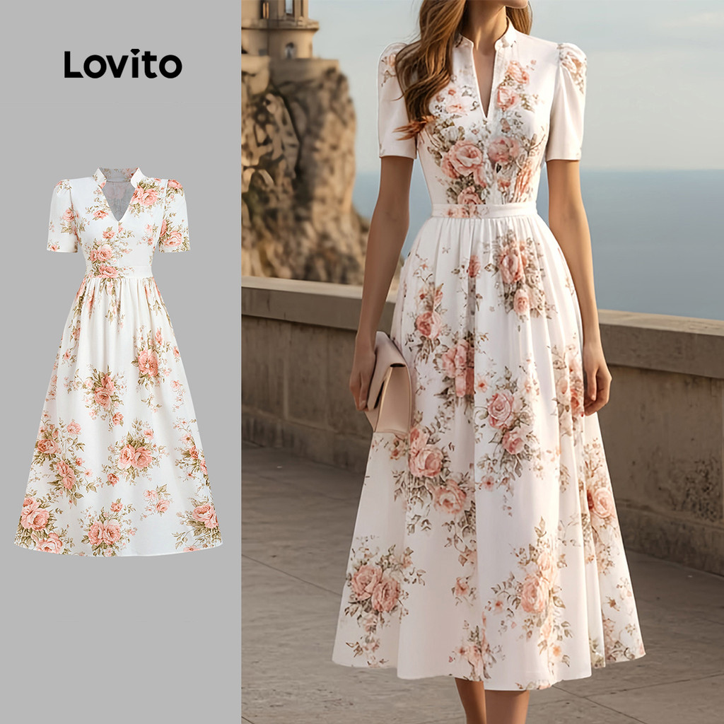 (New Arrival) Lovito Vestido Elegante com Preguiçoso Primavera/verão para mulher