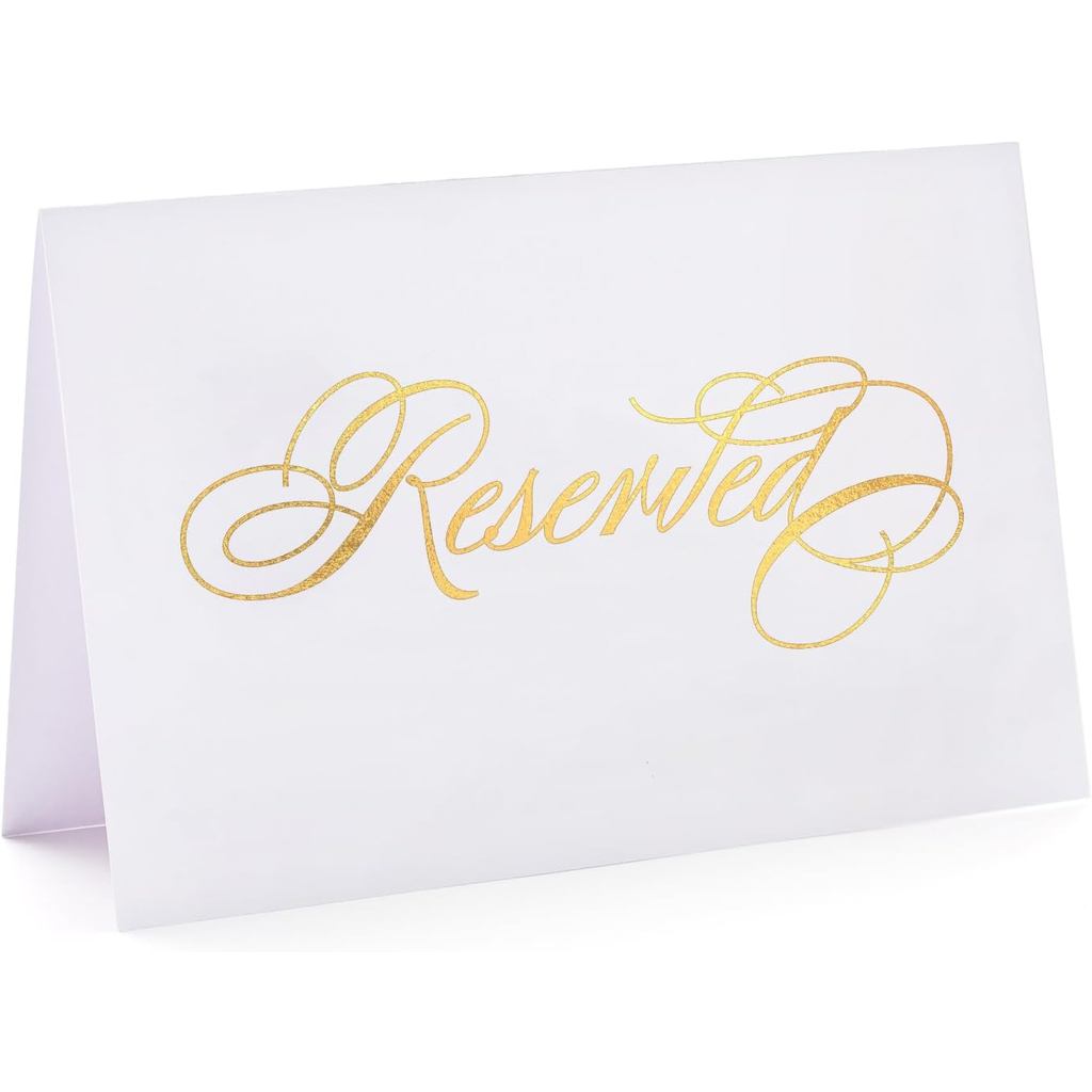 AMAHEJMO Pacote com 25 Placas de Reserva, Cartões de Lugar para Tenda Impressos em Folha de Ouro Real, Placas de Mesa Re