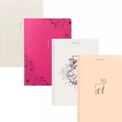 Kit 04 Cadernetas Sem Pauta Anotações | Cordeiro de Deus + Coração Redimido Branco + Cruz Rosa + Cruz Creme