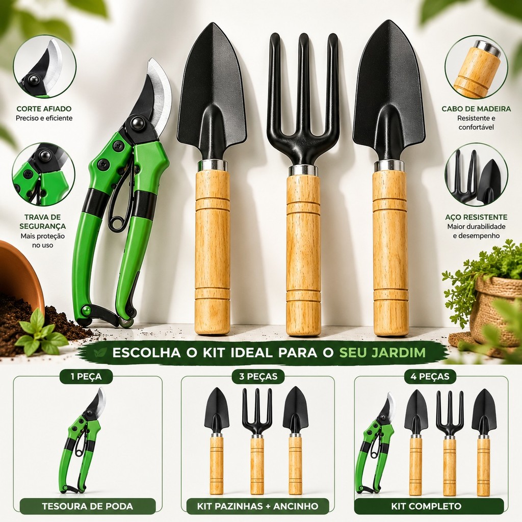 Ferramentas Para Jardinagem Kit 4 Peças Tesoura Poda Pás Ancinho Jardim Horta Vasos Plantas