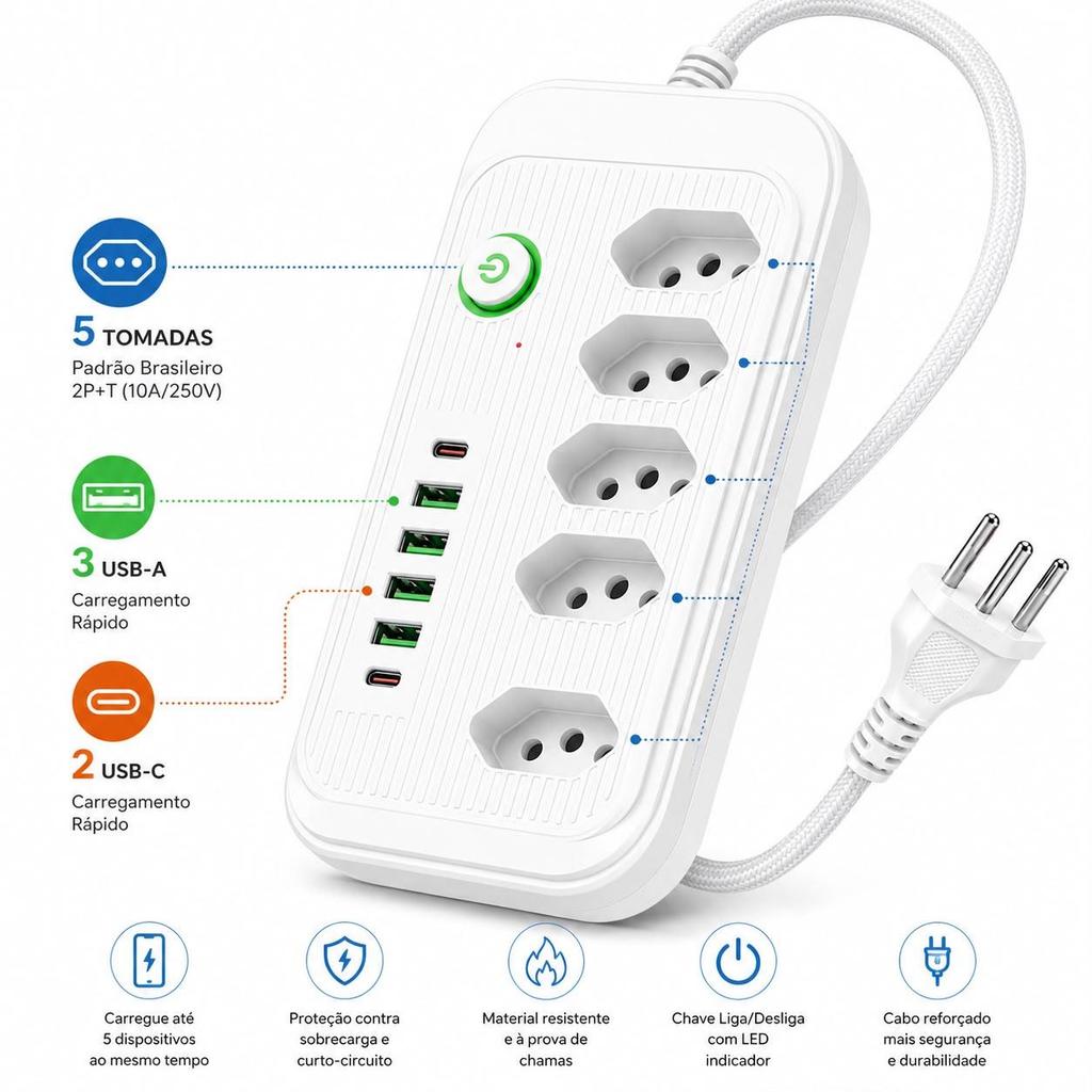 Régua de Energia 5 Tomadas + 5 USB (3 USB-A + 2 USB-C) Filtro de Linha com Interruptor e Cabo Reforçado
