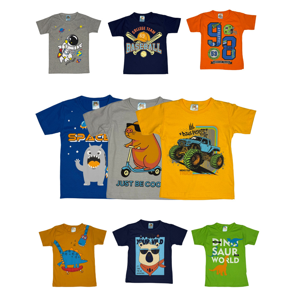 Kit 3 Camisetas Manga Curta Sortido Infantil Menino Básica Estampada Tamanho 1 ao 10 anos