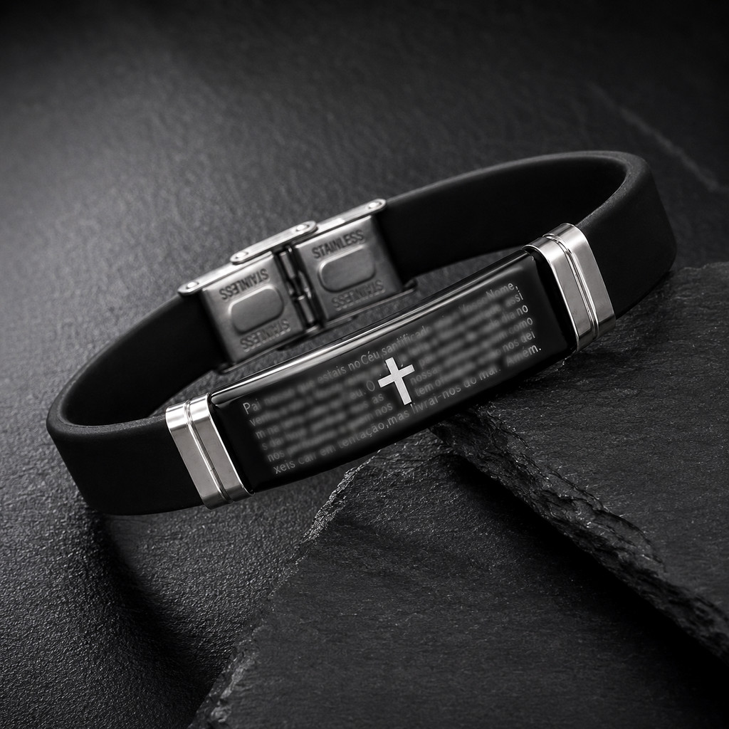 Pulseira Pai Nosso com Oração Completa e Cruz Silicone Preto Ajustável