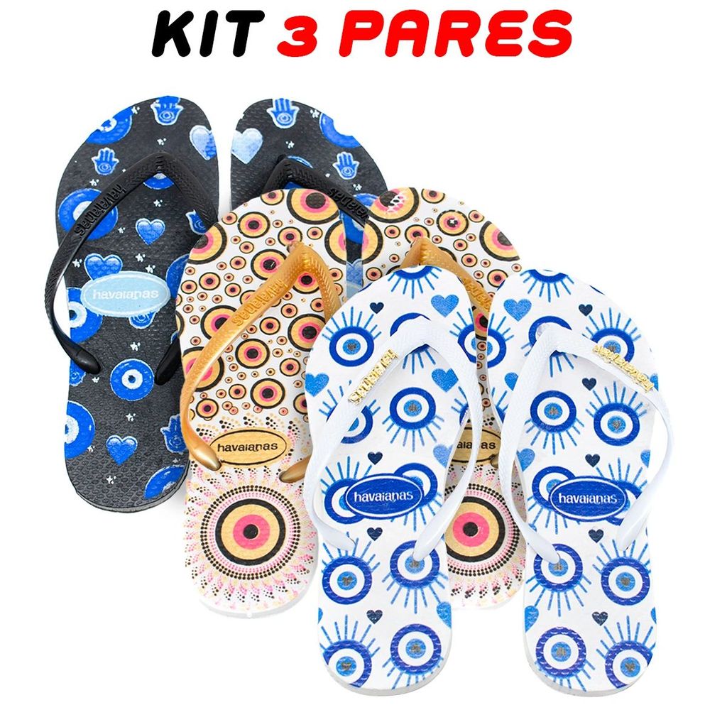 Kit 3 Chinelos Feminino Eye Estampado Confortável Estiloso Antiderrapante - Envio Imediato
