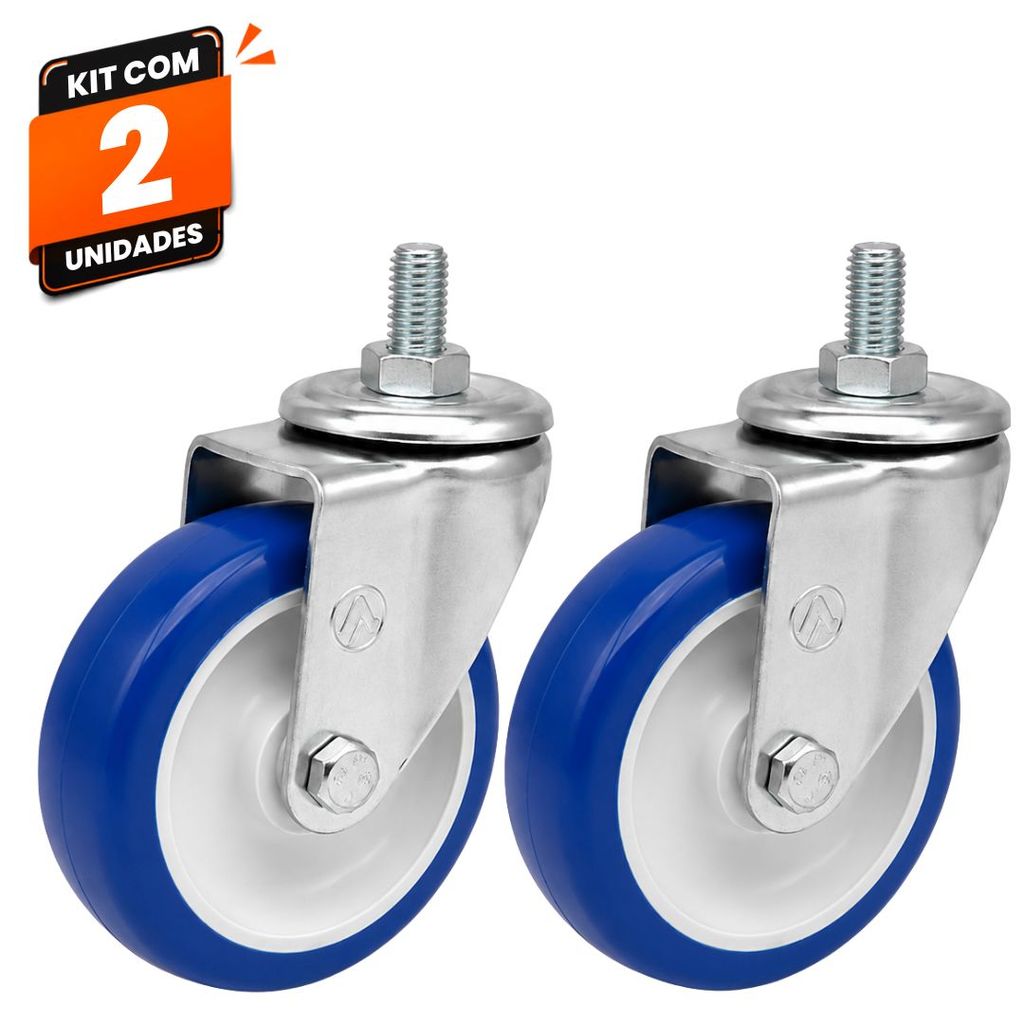 Kit 2 Rodas Rodinhas Giratórias Carrinho Supermercado Mercado Ajax Rosca 4" PVC Azul 100kg Alta Resistência Comercial