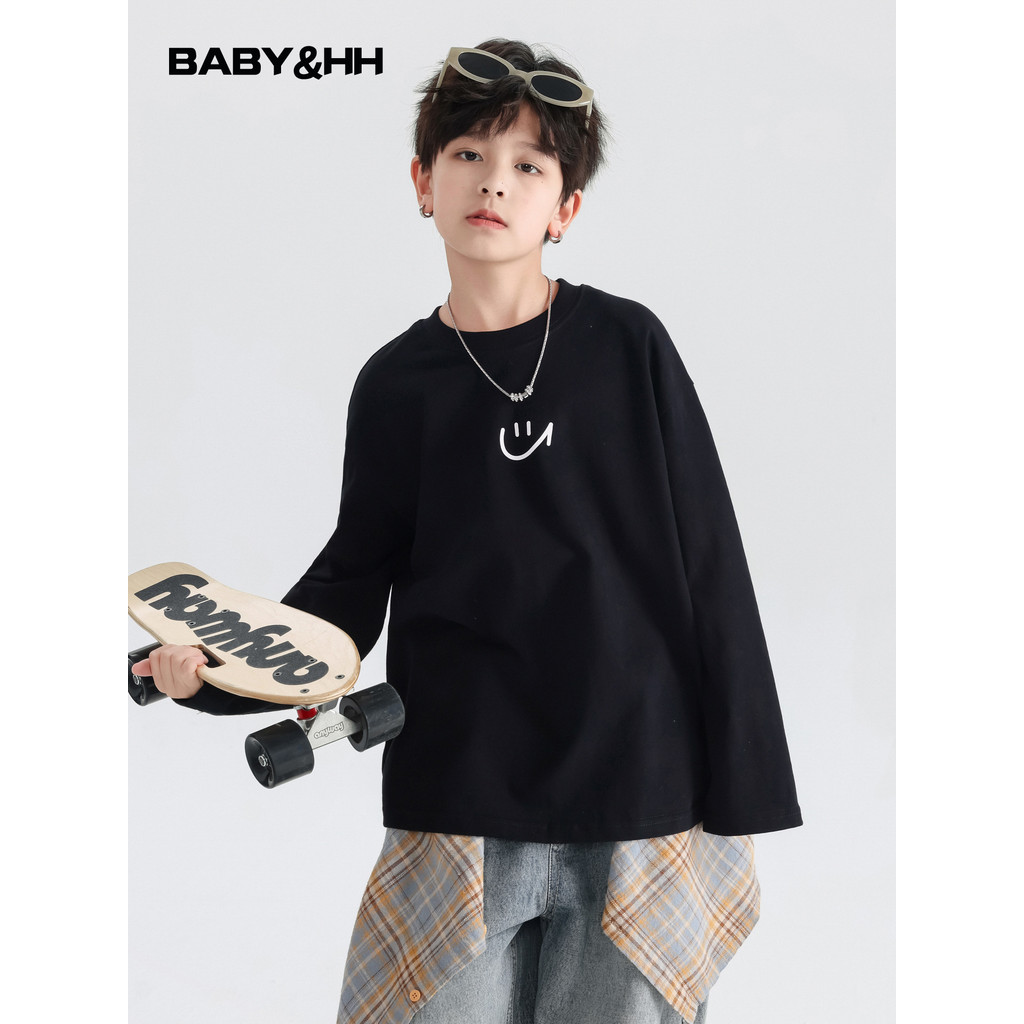 Meninos roupas de outono preto estilo coreano puro algodão manga comprida camiseta 2026 novo estilo estudante crianças p