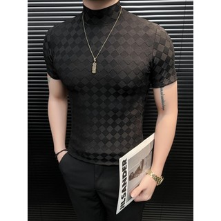 Losango meia gola alta manga curta camiseta de fundo masculino verão high-End magro-ajuste rufião bonito meados de pesco