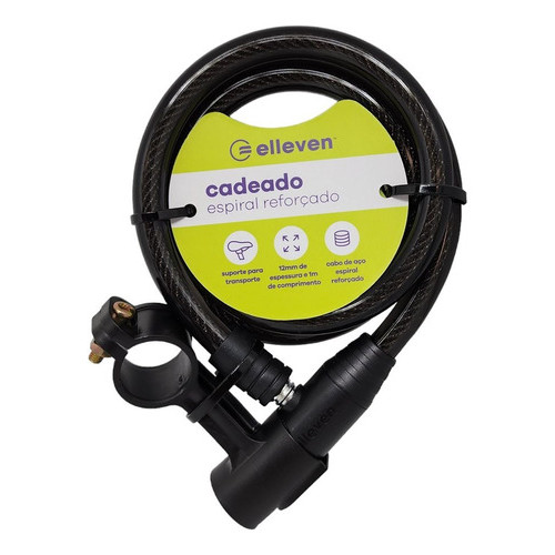 Cadeado Bicicleta Espiral Com Chave Cabo De Aço 1MT X 12MM Preto