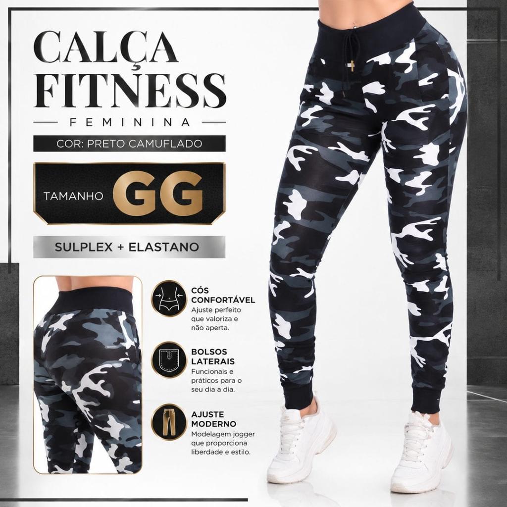 Calça Fitness Feminina Camuflada GG em Suplex com Elastano, Cós Largo e Bolsos Laterais