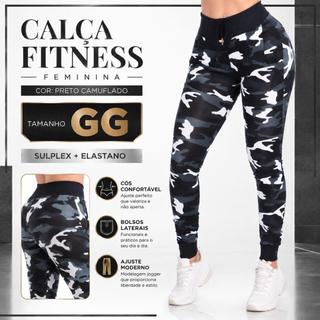 Calça Fitness Feminina Camuflada GG em Suplex com Elastano, Cós Largo e Bolsos Laterais